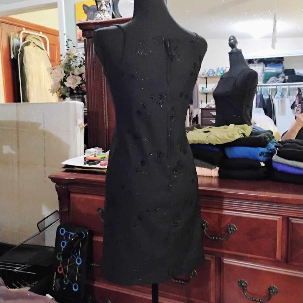 Black Spaghetti Strap Mini Skirt with Floral Stitching - Picture 3 of 7